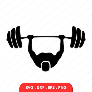 Peut inclure: Silhouette noire d'une personne soulevant une barre de musculation au-dessus de la tête. La barre a des disques de poids à chaque extrémité. Le texte "SVG .DXF .EPS .PNG" est inclus.
