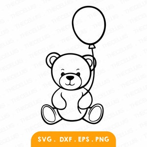 TEDDYBEER Svg, Dxf, Eps, Png-bestand - vinyl snijden, digitaal speelgoedbestand, beer met ballon Clipart, Cricut, silhouet, Instant Download