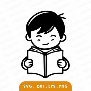 BOY READING BOOK Svg Dxf Eps Png Files | Reading Clipart Reading Boy File for Cricut & Silhouette | Little Boy Engraving | Digital Download