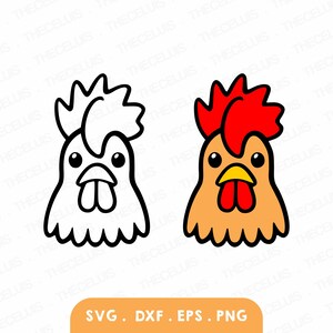 May include: A black and white line drawing of a rooster with a red comb and wattle, and a colored version of the same rooster with an orange body, red comb and wattle, and a yellow beak.