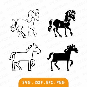Contorno y silueta de caballo de dibujos animados en formato Svg, Eps, Dxf y Png: archivo de corte de vinilo, imágenes prediseñadas de animales lindos, Cricut, silueta, descarga instantánea