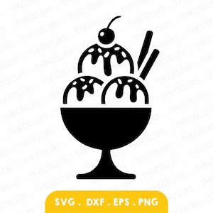 Puede incluir: Ilustración en blanco y negro de un helado en un cuenco con pie. El helado tiene tres bolas de helado, salsa de chocolate, una cereza y dos barquillos. La parte inferior de la imagen tiene el texto "SVG . DXF . EPS . PNG".