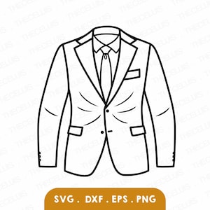 Puede incluir: Un dibujo lineal en blanco y negro de una chaqueta de traje con corbata, pañuelo de bolsillo y botones. La imagen incluye el texto "SVG. DXF. EPS. PNG" en un rectángulo marrón en la parte inferior. Ideal para proyectos de diseño digital.