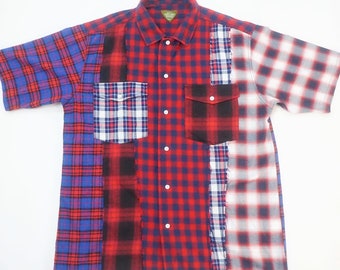 Japanese Brand UNSTUDIED Patchwork Shirt Flannel Tartan Plaid Top