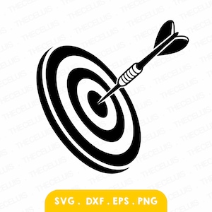 May include: Black and white graphic of a dart hitting a bullseye target. The dart is in mid-flight, centered on the target. The image includes the text "SVG. DXF. EPS. PNG" in a yellow rectangle.
