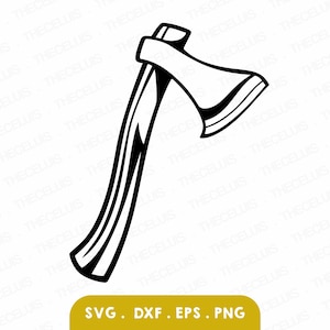 May include: A black and white line drawing of an axe with a wooden handle.