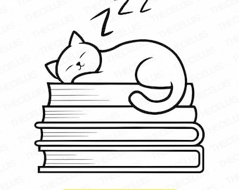 Sleeping Cat on Books SVG DXF PNG File for Cricut Silhouette - Cutting, Engraving, Pet Clipart