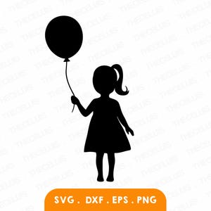 RAGAZZA che tiene PALLONCINO Svg, Eps, Dxf, File Png - Taglio vinile, Incisione, Stampa, Clipart per bambini, Cricut, Silhouette Cameo, Download immediato