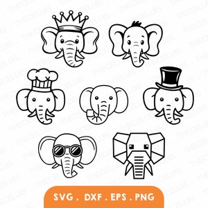 May include: A set of seven black and white line art illustrations of elephants wearing different hats and accessories. The elephants are all facing forward and have a simple, cartoonish style.