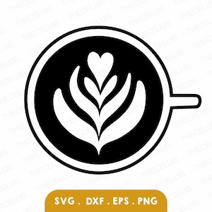 May include: Black and white illustration of a cup of coffee with a heart and leaf design in the foam.