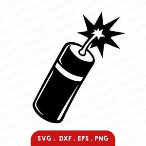 Op de afbeelding: Zwart-wit illustratie van een cartoon dynamietstaaf met een brandende lont en ster. Het dynamiet heeft een witte band in het midden. De onderkant van de afbeelding bevat de tekst "SVG. DXF. EPS. PNG".