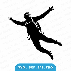 May include: Black silhouette of a skydiver in mid-air, arms outstretched, wearing a helmet and parachute. The image includes the text "SVG. DXF. EPS. PNG" in a blue rectangle at the bottom, indicating file formats.