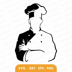 May include: Black and white silhouette of a chef with arms crossed, wearing a chef's hat.