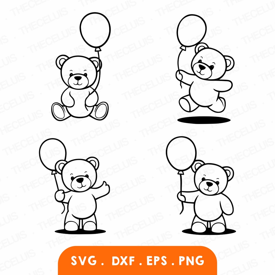 Teddy Bear With Balloon Clipart (SVG, PNG, DXF) for Cutting, Engraving ...