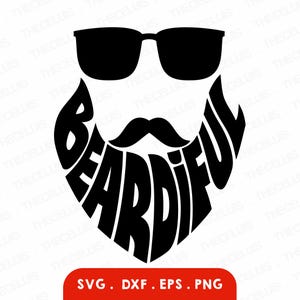 Puede incluir: Silueta en blanco y negro de un hombre barbudo con gafas de sol. La barba está formada por la palabra "Beardifull".