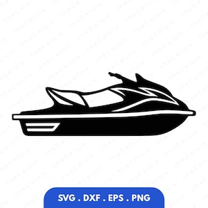 Puede incluir: Ilustración en blanco y negro de una moto acuática. El diseño presenta un cuerpo aerodinámico con una parte delantera elevada y una sección superior detallada. Incluye el texto "SVG. DXF. EPS. PNG".