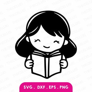 GIRL READING BOOK Svg Dxf Eps Png Files Reading Clipart Cute Girl File for Cricut & Silhouette Little Kid Engraving Vector Digital Download