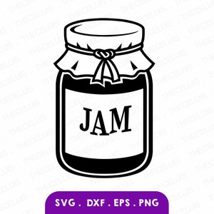 以下が含まれることがあります： 「JAM」と書いてある白いラベルが付いた、ジャムの瓶の白黒イラストです。