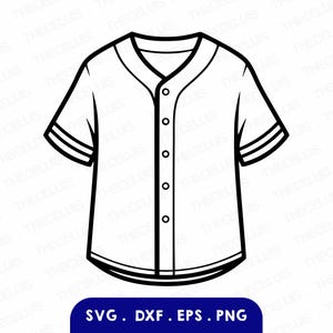 Può includere: Maglia da baseball in bianco e nero con maniche corte e chiusura a bottoni. La maglia ha un orlo arrotondato e tre strisce sulle maniche. La parte inferiore dell'immagine presenta il testo "SVG . DXF . EPS . PNG".