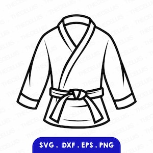 Puede incluir: Un dibujo en blanco y negro de una bata con cinturón. La bata tiene mangas largas y cuello en V.