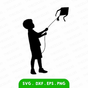 May include: A silhouette of a child flying a kite. The child is holding the string of the kite in their right hand and is looking up at the kite. The kite is a simple diamond shape.