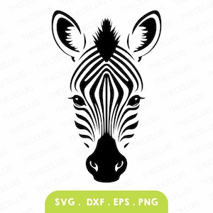 Visage de zèbre Svg, Eps, Dxf, fichier Png - fichier de découpe vinyle, Portrait d'animal, clipart faune, Cricut, camée silhouette, téléchargement immédiat