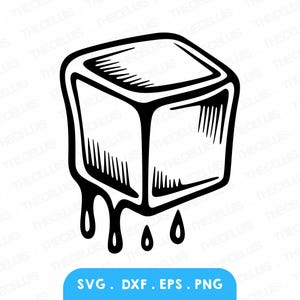 May include: A black and white illustration of a melting ice cube with three drops of water dripping from the bottom.