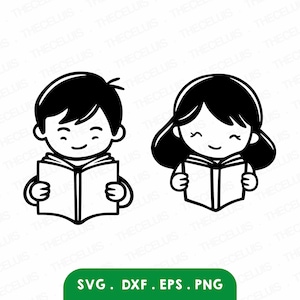 BOEK LEZEN KIDS Svg, Eps, Dxf, Png-bestanden - vinyl snijden, gravure, afdrukken, jongen & meisje clipart, Cricut, silhouet, Instant Download