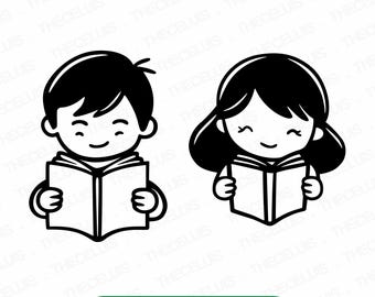 Book Reading Kids SVG PNG DXF Files: Boy and Girl Clipart for Cricut & Silhouette