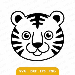 Könnte beinhalten: Ein schwarz-weißes Cartoon-Tigergesicht mit Streifen und großen Augen. Der Text "SVG . DXF . EPS . PNG" ist in einem gelben Rechteck enthalten. Der Tiger hat einen freundlichen Gesichtsausdruck.