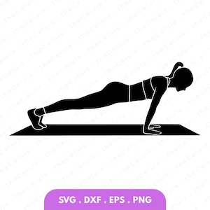 Könnte beinhalten: Schwarz-weiße Silhouette einer Person in Liegestützposition auf einer schwarzen Matte. Die Person trägt Sportkleidung. Das Bild enthält den Text "SVG . DXF . EPS . PNG" in einem lila Rechteck.
