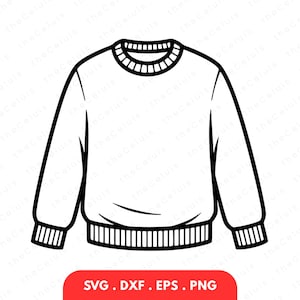 Könnte beinhalten: Schwarz-weiße Illustration eines Pullovers mit Rundhalsausschnitt. Der Pullover hat gerippte Bündchen, einen gerippten Saum und einen gerippten Halsausschnitt. Das Bild enthält auch den Text "SVG .DXF .EPS .PNG" in einem roten Rechteck.