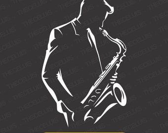 May include: A white silhouette of a person playing a saxophone. The person is wearing a suit jacket and tie. The saxophone is held in a playing position.