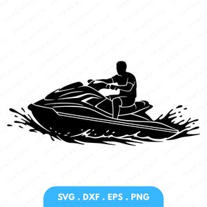 Puede incluir: Silueta en blanco y negro de una persona montando una moto acuática, creando salpicaduras de agua. La imagen incluye el texto "SVG .DXF .EPS .PNG" en un rectángulo azul en la parte inferior, indicando formatos de archivo.