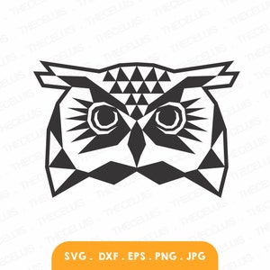 May include: Black and white geometric owl illustration. The owl's eyes are large and round, and its beak is small and pointed. The owl's feathers are stylized and create a triangular pattern.