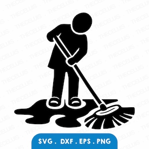 Puede incluir: Silueta en blanco y negro de una persona barriendo un piso con una escoba. La persona lleva un atuendo sencillo y está inclinada, barriendo un charco de líquido.