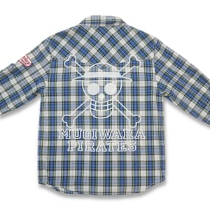 ONE PIECE Anime Plaid Shirt, Mugiwara Pirates Patched and Printed Top, Japanese Manga Foldable Sleeves
