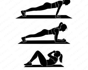 Woman Workout SVG DXF PNG File for Cricut Silhouette - Push=Up, Sit-Up, Plank Clipart