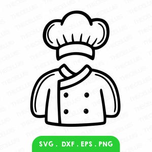 May include: Black and white line art illustration of a chef wearing a tall chef's hat and a double-breasted chef's jacket.
