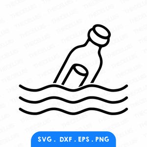 Puede incluir: Un dibujo lineal en blanco y negro de una botella con un mensaje dentro, flotando en agua ondulada. La botella está inclinada, con la parte superior abierta. Debajo del agua hay un rectángulo azul con el texto "SVG . DXF . EPS . PNG".