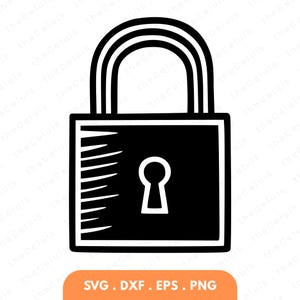 May include: A black and white illustration of a padlock with a keyhole. The padlock has a rectangular body and a curved handle. The image also includes the text "SVG . DXF . EPS . PNG" in an orange rectangle.