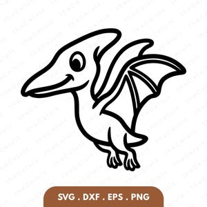 Puede incluir: Una ilustración de arte lineal en blanco y negro de un dinosaurio pterodáctilo en vuelo. La criatura presenta una cabeza larga, un pico puntiagudo, un solo ojo visible y alas extendidas con secciones de membrana definidas. El diseño es simple.