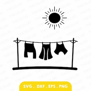 Clothesline Silhouette SVG DXF Eps PNG, Laundry Vinyl Cutting Engraving Printing, Sunny Day Clipart, Cricut Silhouette, Instant Download