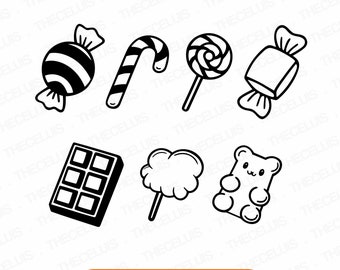 Puede incluir: Un conjunto de dibujos en blanco y negro de varios dulces, que incluyen un caramelo rayado, un bastón de caramelo, una piruleta, un caramelo envuelto, una barra de chocolate, algodón de azúcar y un osito de goma.
