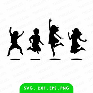Può includere: Silhouette nere di quattro bambini che saltano in aria. L'immagine include il testo "SVG. DXF. EPS. PNG" in un rettangolo verde in basso. I bambini sono in varie pose, suggerendo movimento e gioia.