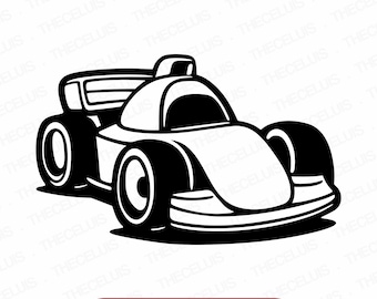 May include: A black and white illustration of a race car. The car has a rounded front end and a large spoiler on the back. The car is facing the viewer.