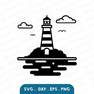 May include: Black and white silhouette of a lighthouse on a small island with clouds and birds in the sky. The lighthouse has a striped tower and a small door. The water is shown as a series of wavy lines.