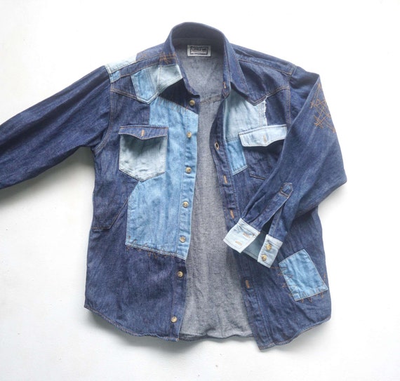 Japanese Brand Patchwork Denim Shirt - Etsy Japanese Brand Patchwork Denim Shirt - Etsy