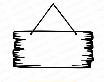 May include: A black and white line drawing of a wooden sign with a hanging rope. The sign is blank and has a rustic, hand-drawn style.