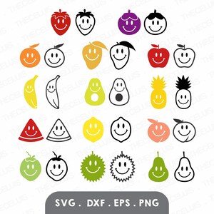 28 Fruit SMILEY Emotikony - Wektor, Plik do cięcia winylu, Pliki SVG, Plik DXF, Plik Eps, Plik PNG, Plik cyfrowy, Cricut, Silhouette Cameo
